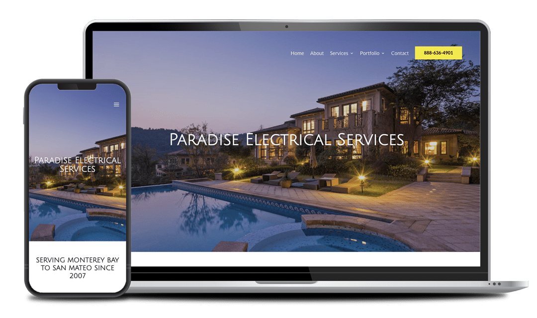 electrician-responsive Laptop and smartphone displaying the homepage of "Paradise Electrical Services" with a background image of a house and pool at dusk. The text indicates the service area is from Monterey Bay to San Mateo.