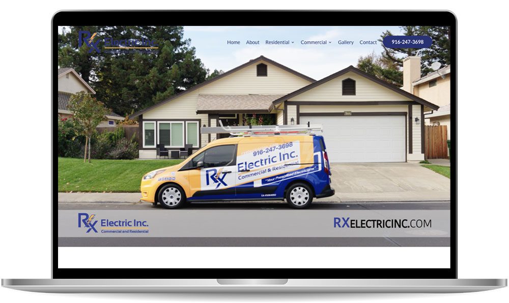 rx-electric A laptop screen displaying a website with a house and an RX Electric Inc. van in front. The website header includes links for Home, About, Residential, Commercial, Gallery, and Contact.